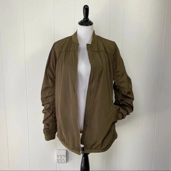 LOGO Lori Goldstein Bomber Jacket Side Zips Green Ruched Sleeves A342789 Small - Picture 1 of 15
